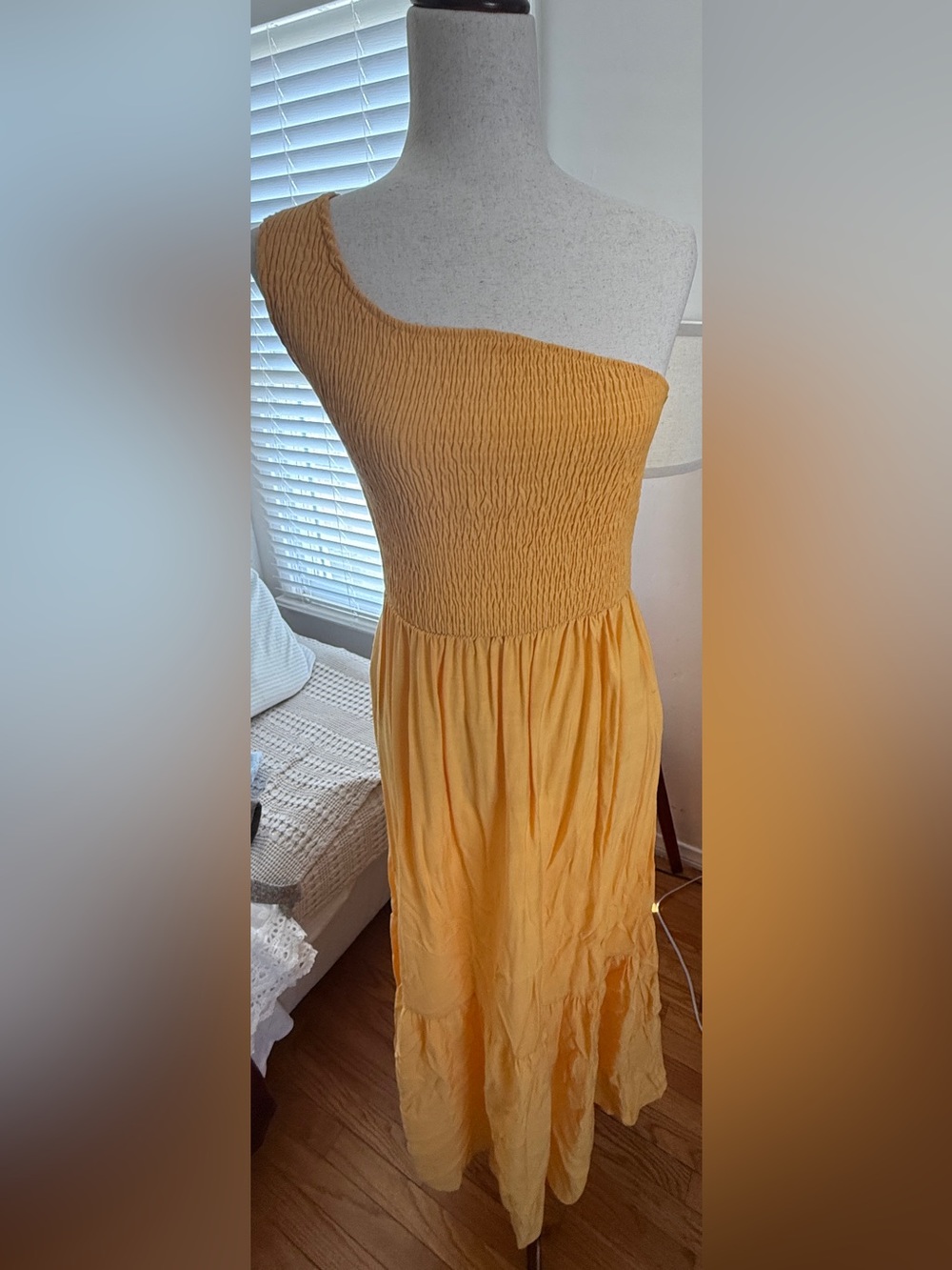Nine West One-Shoulder Yellow Smocked Midi Dress